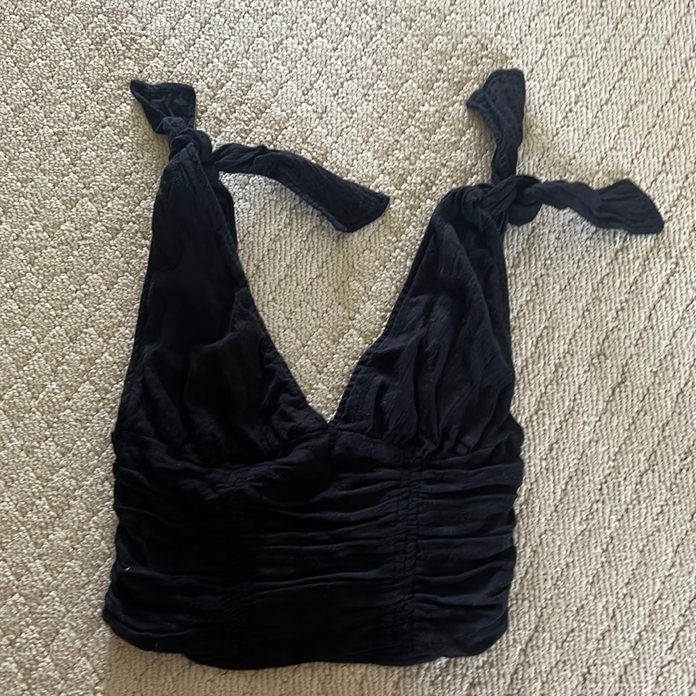 Free People Cropped Corset Linen Black Tank Top